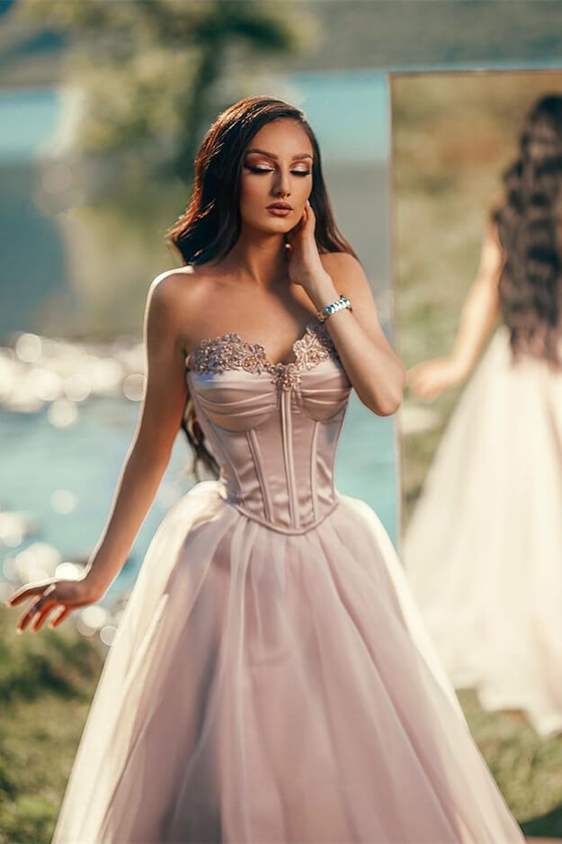 Silver Evening Dress: Off-Shoulder Sleeveless with Tulle Applique Pleats