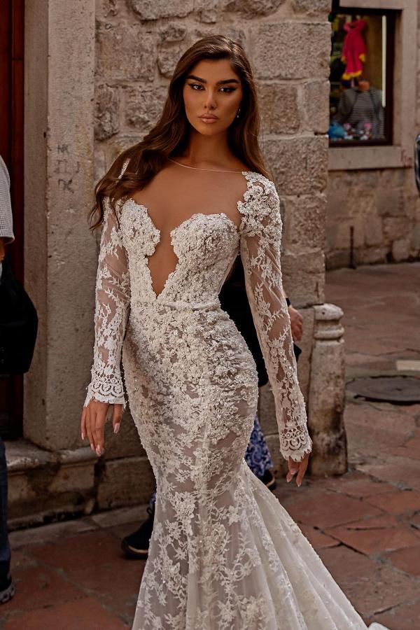 Bmbride Long Mermaid Sweetheart Tulle Lace Backless Wedding Dresses with Sleeves