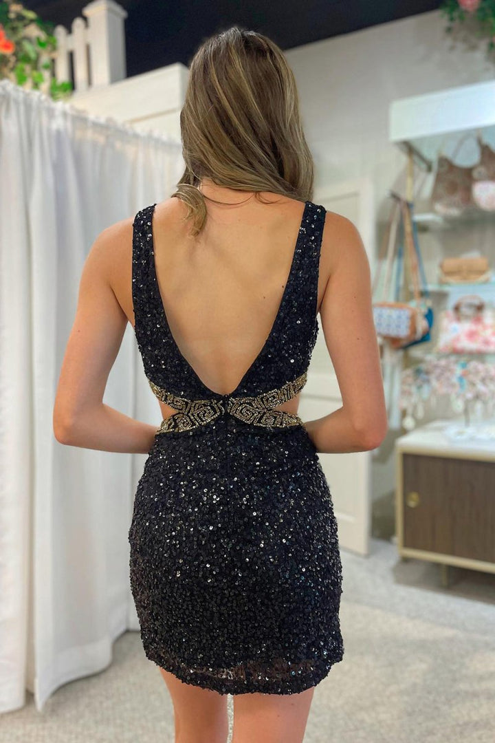 Koscy Sheath V Neck Black Sequins Homecoming Dress