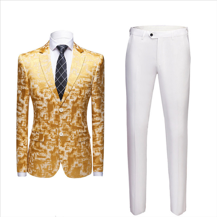 Koscy Handsome Printed Western Wedding Suit with Bright Gold Notched Lapel