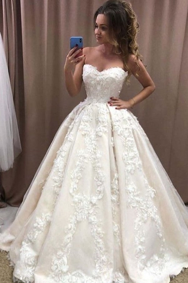 Bmbride Romantic Long Ball Gowns Sweetheart Wedding Dress Featuring 3D Floral Appliques Lace