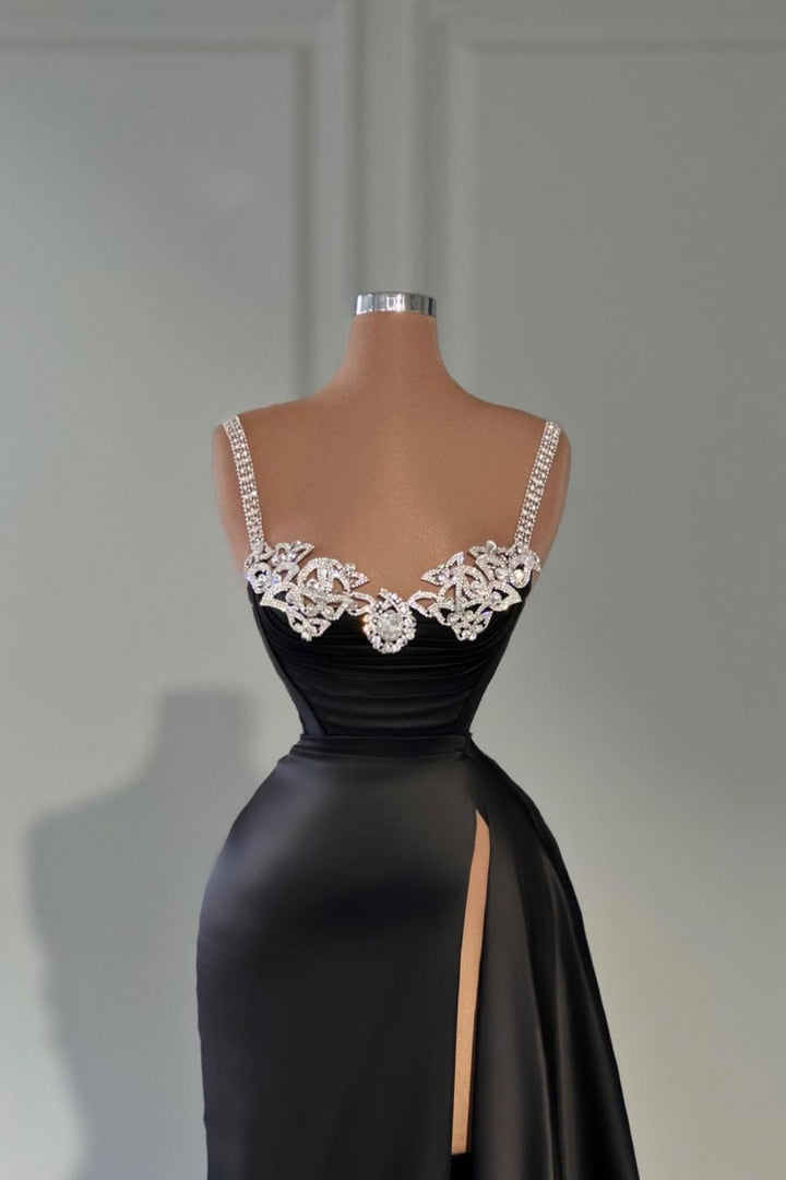 Evening Dress Black Satin Spaghetti Strap Split Beadings