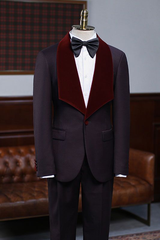 Koscy Alexander Burgundy Two-Piece Wedding Suit with Velvet Lapel