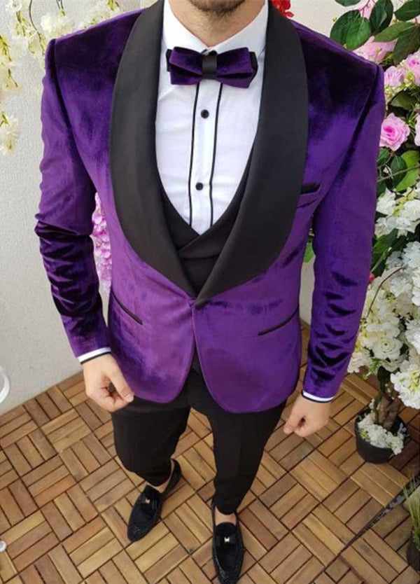 Koscy Classic Purple Black Shawl Lapel Blazer Wedding Velvet Smoking Tuxedos for Men