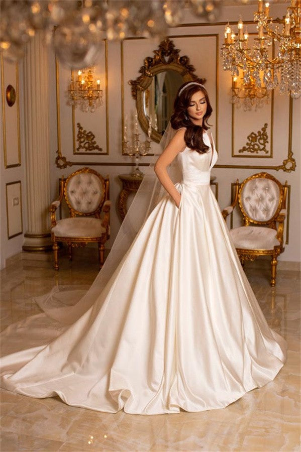 Bmbride Ivory Long A-line V-neck Satin Wedding Dress with Pockets