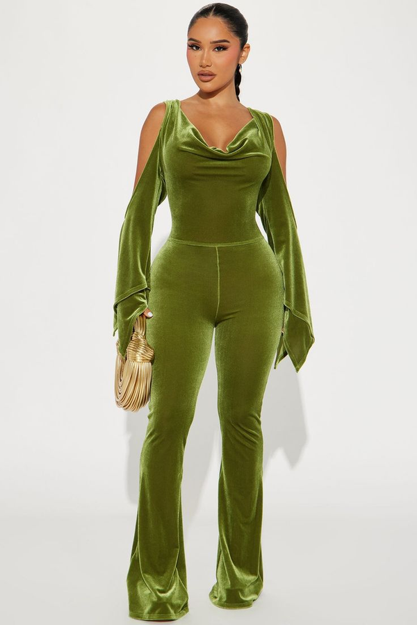 Koscy Velvet Green Special Tight Long Off-the-Shoulder Sleeves Jump Suit