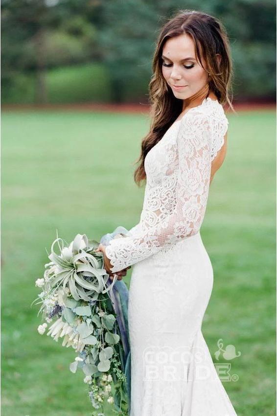 Bmbride Sophisticated Mermaid Backless Long Sleeve Lace Bridal Gown