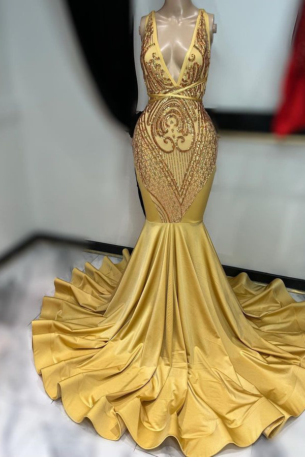 Sleeveless Dark Gold Applique Mermaid Prom Dress Long