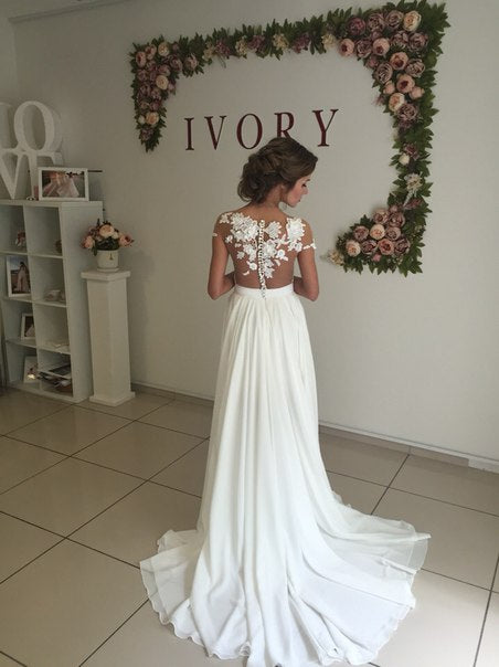 Bmbride A-Line Chiffon Wedding Dress With Lace Ruffles And Side Slit