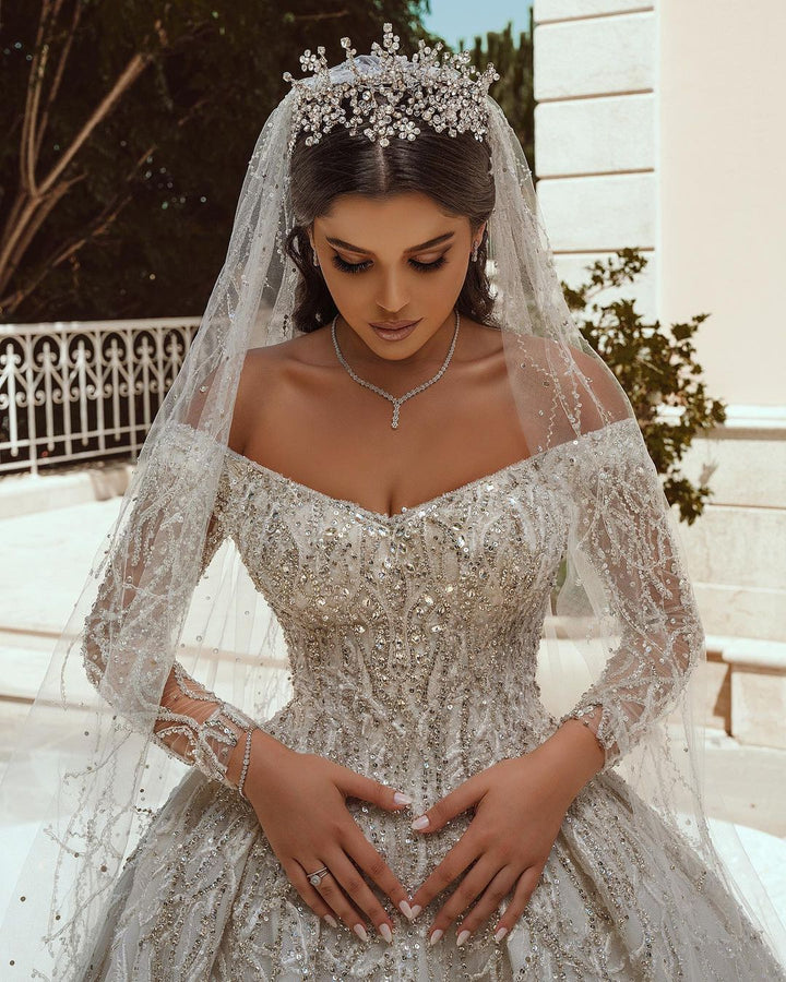 Bmbride Exquisite Sequin Long Sleeve Satin Ball Gown Bridal Dress