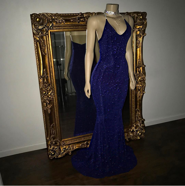 Sequinned V-Neck Halter Mermaid Evening Dress