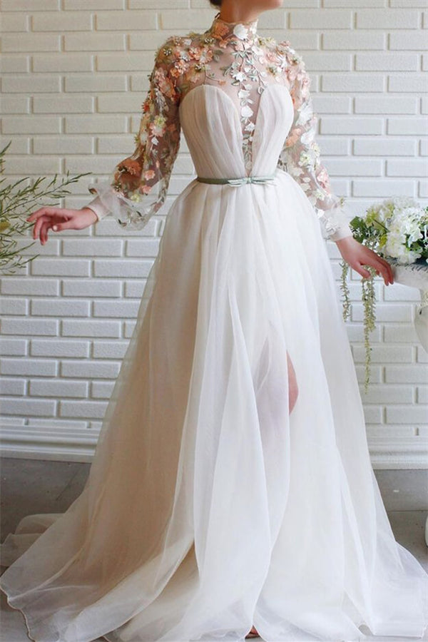 High Collar White Mermaid Evening Dress With Long Sleeves and Split Detail adorned with Flowers