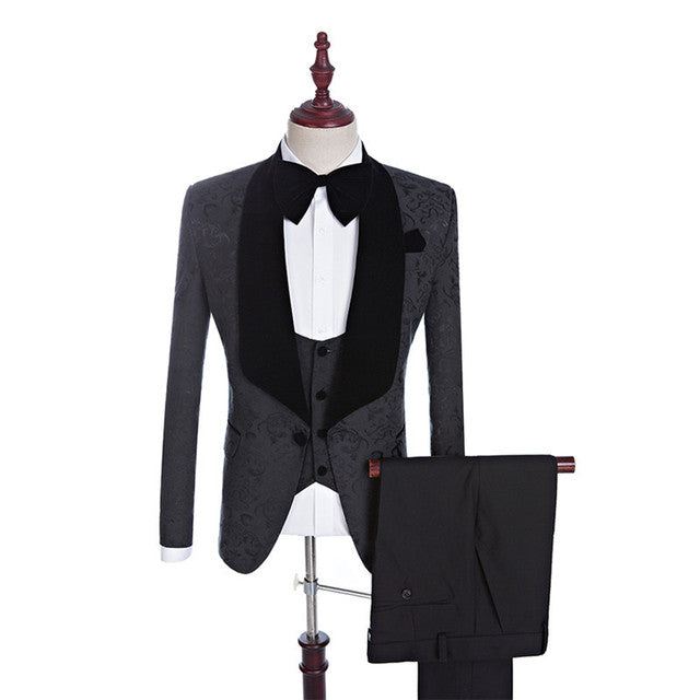 Koscy Xander Black Jacquard Three-Piece Shawl Lapel Wedding Suit for Men’s Events
