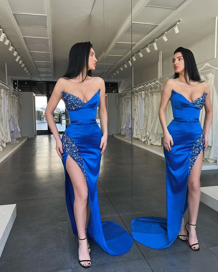 Sequined Royal Blue Sweetheart Long Mermaid Prom Dress With Split