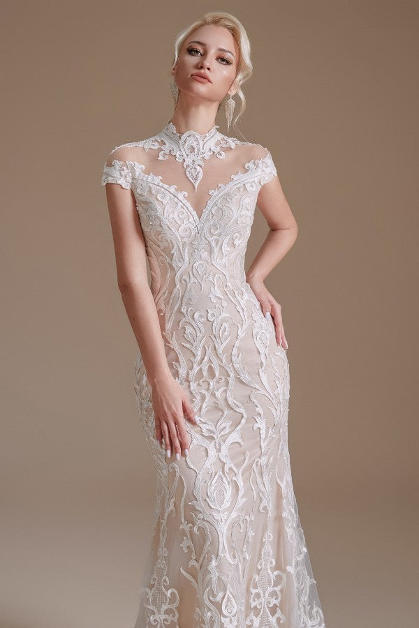 Bmbride Long Sleeve Vintage Lace High-neck Mermaid Wedding Dress