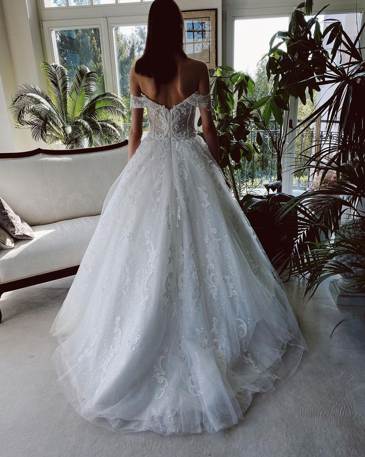 Bmbride Long A-line Off-the-shoulder Tulle Wedding Dress with Glitter