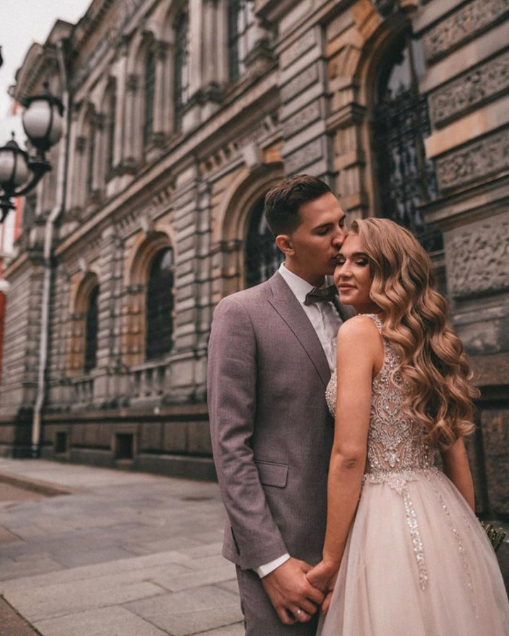 Bmbride Long A-line V-neck Tulle Appliques Lace Wedding Dress with Slit Boho Style