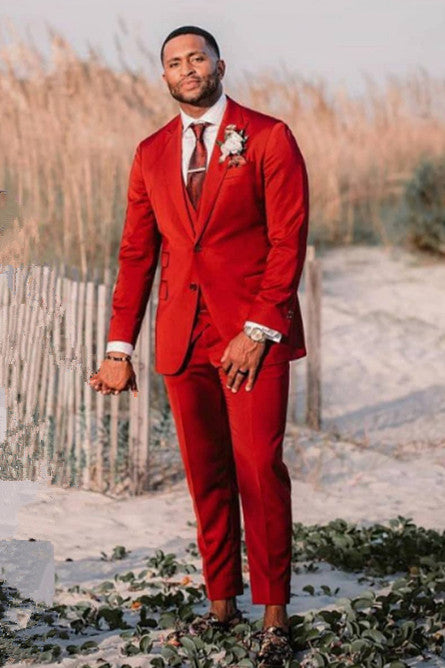 Koscy Red Three-Piece Velvet Wedding Suit with Peaked Lapel