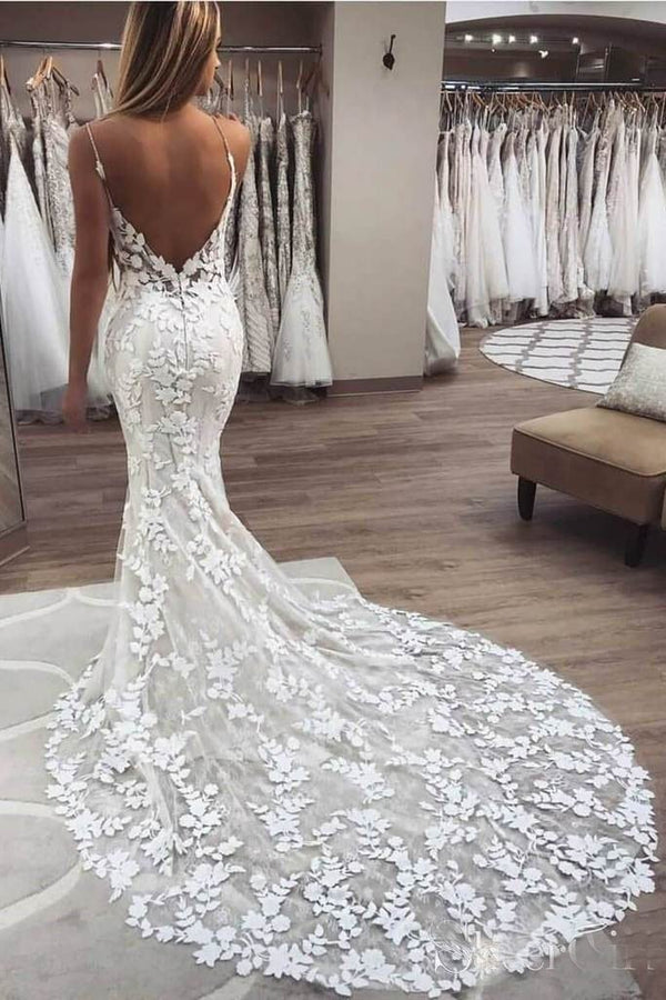 Bmbride Boho Wedding Dress Vintage Spaghetti Strap Mermaid Lace Appliques