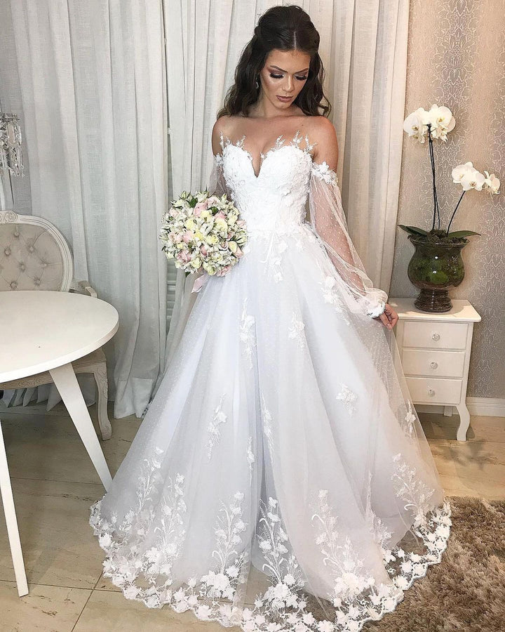 Bmbride Long Elegant Princess Off-the-Shoulder Tulle Wedding Dress with Bubble Sleeves