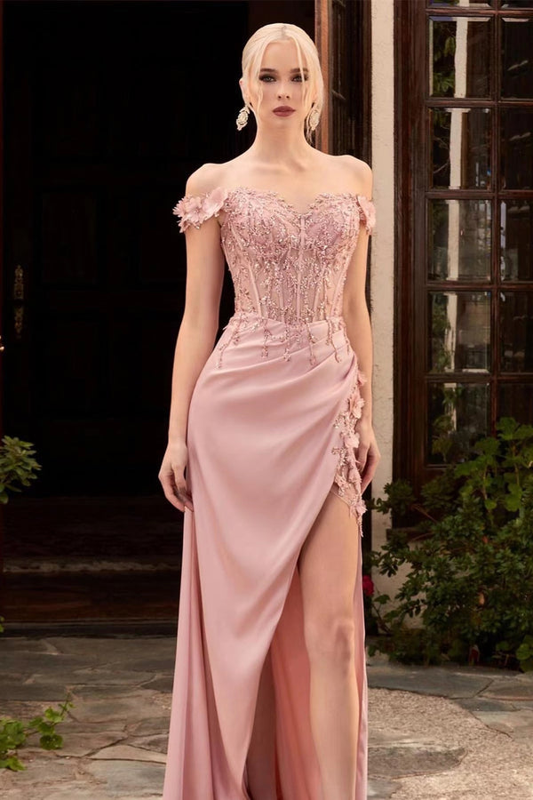 Pink Off-The-Shoulder Applique Mermaid Prom Dress with Split Beadings