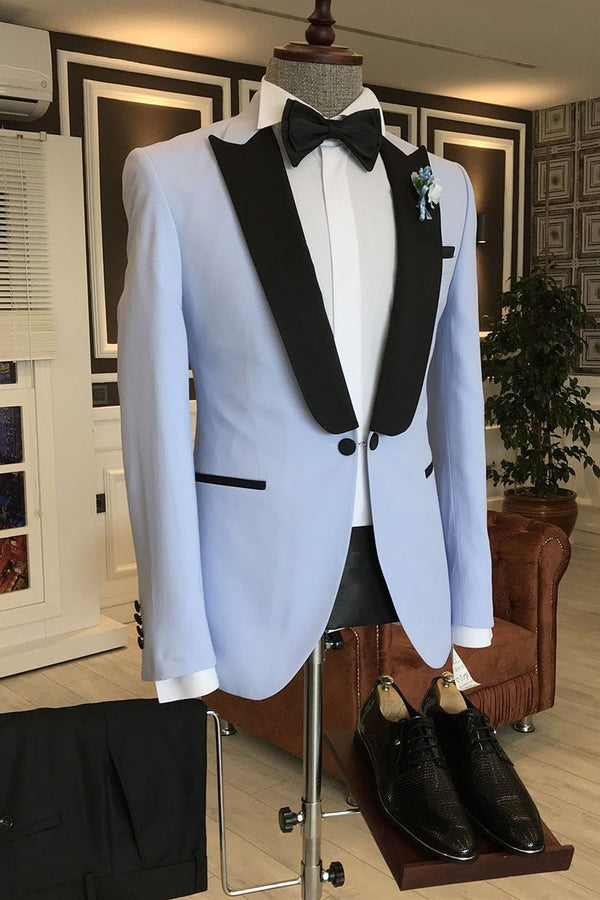 Koscy New Sky Blue Western Wedding Suit with Black Peaked Lapel