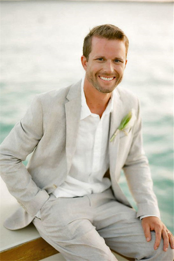 Koscy Notched Lapel Casual Linen Beach Wedding Suit for Men