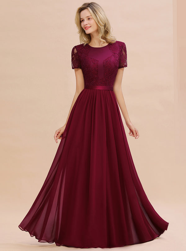 A-line Short Sleeves Jewel Chiffon Floor-Length Dress Burgundy Koscy 1