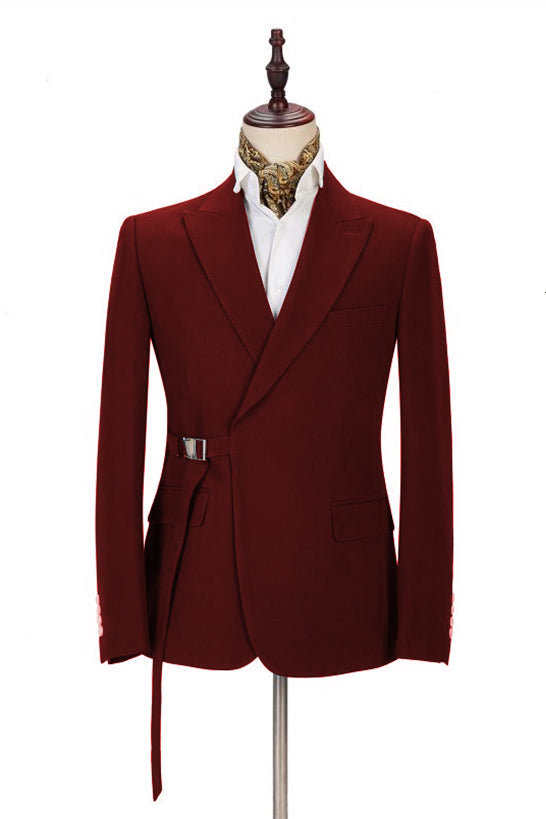 Koscy Fashionable Burgundy Prom Suit with Buckle Button and Peak Lapel for Boys