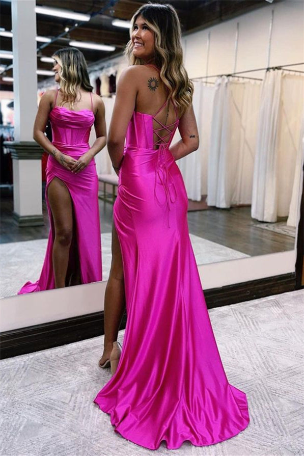 Long Evening Dress With High Slit and Pleated Spaghetti Strap