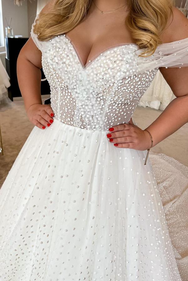Bmbride Elegant Long A-line Off the Shoulder Tulle Wedding Dress White Bridal Gowns