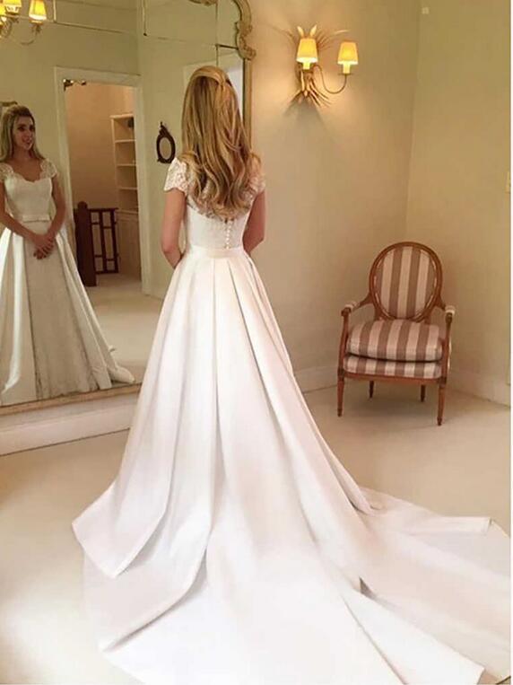 Bmbride Elegant Long A-line Satin Brush train Wedding Dress with Sleeves