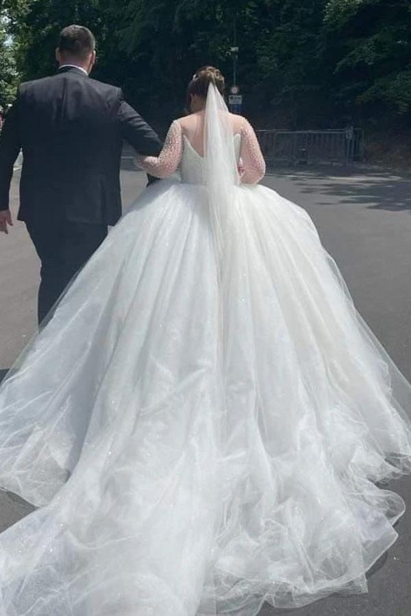 Bmbride Sweetheart Tulle Lace Wedding Dresses with Sleeves - White Long Ball Gown