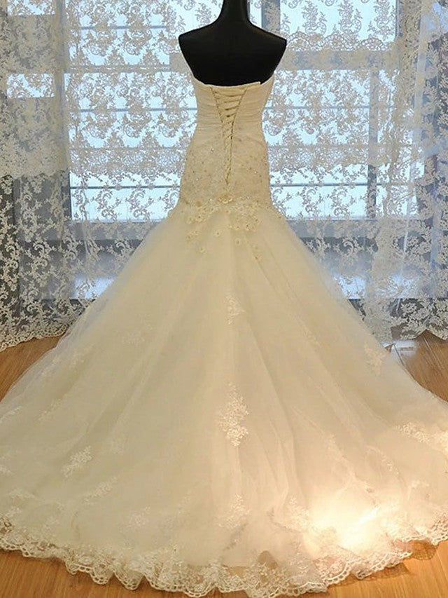 Bmbride Strapless Court Train Mermaid Trumpet Wedding Dress in Lace Organza Stretch Satin Sleeveless Formal