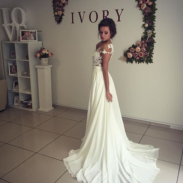 Bmbride A-Line Chiffon Wedding Dress With Lace Ruffles And Side Slit