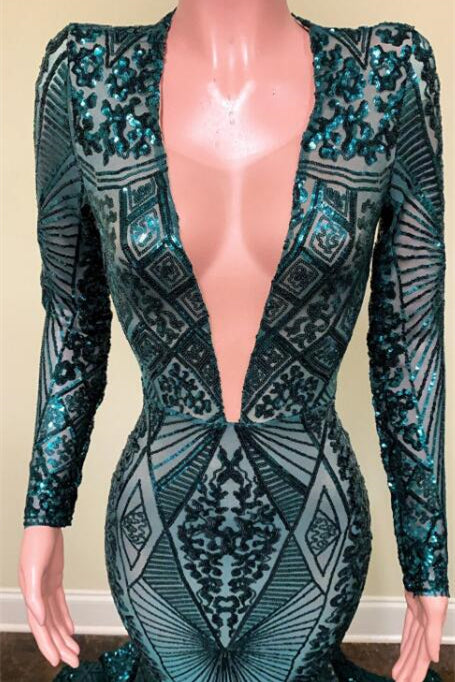 V-Neck Long Sleeves Sequins Lace Mermaid Prom Dress - Emerald