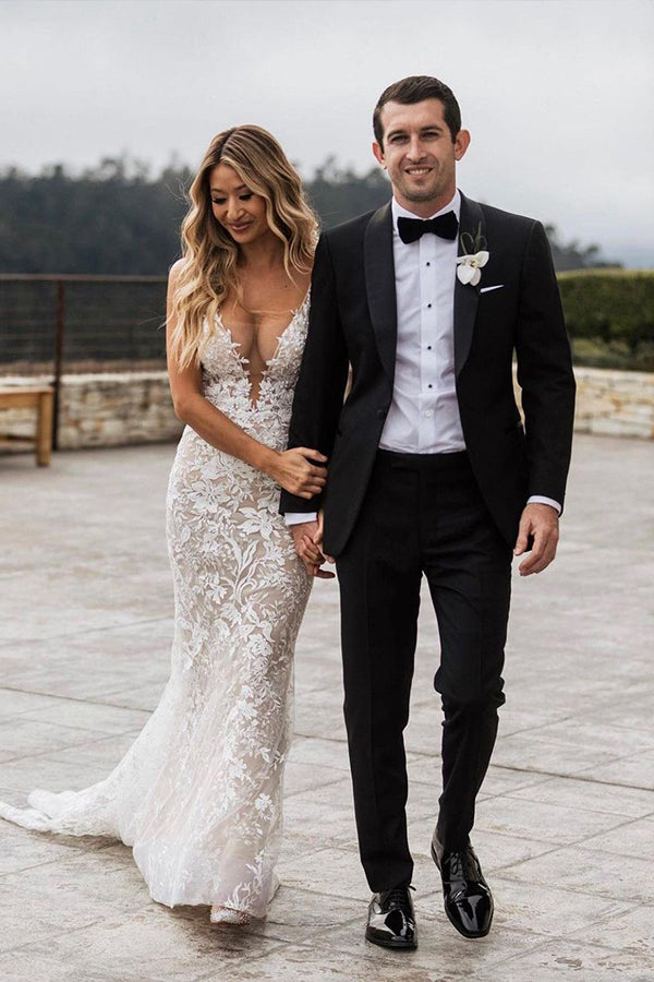 Bmbride Mermaid Spaghetti Straps Lace V-neck Jewel Wedding Dress