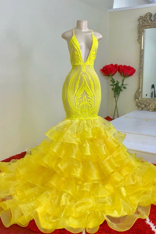 Yellow Spaghetti-Straps Mermaid Prom Dress Lace With Ruffles