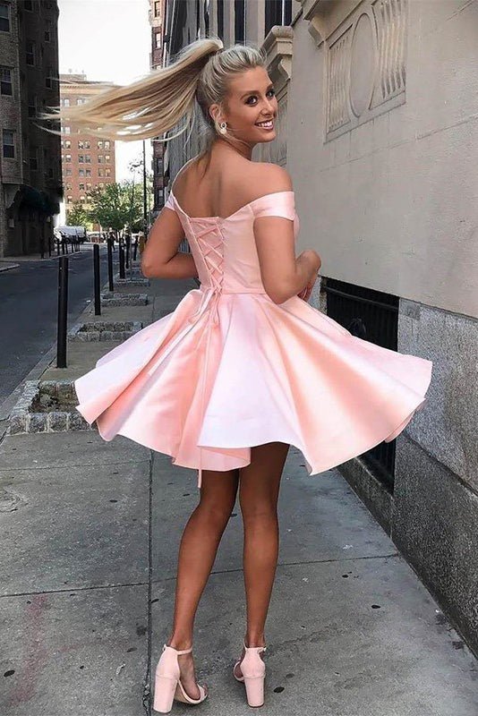 Koscy A-Line Satin Off-Shoulder Homecoming Dress