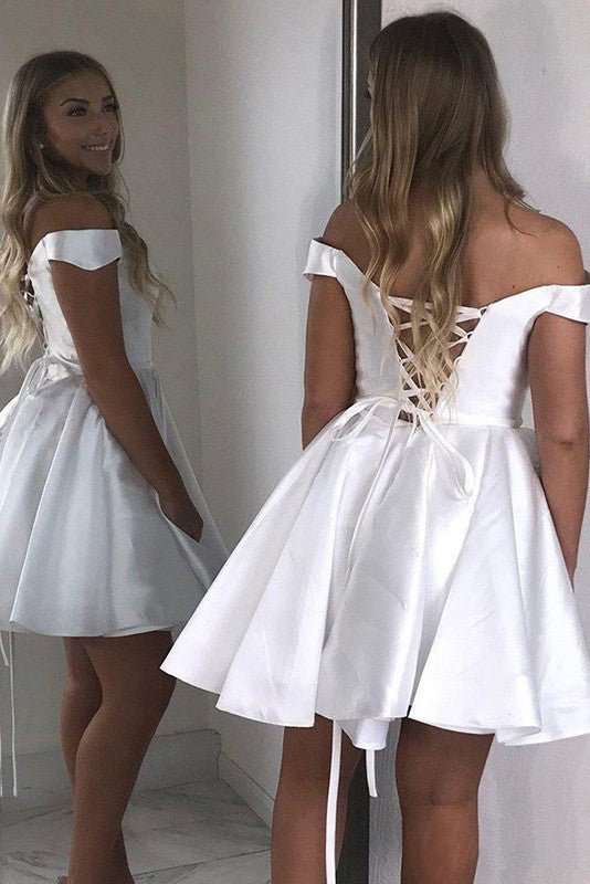 Koscy A-Line Satin Off-Shoulder Homecoming Dress