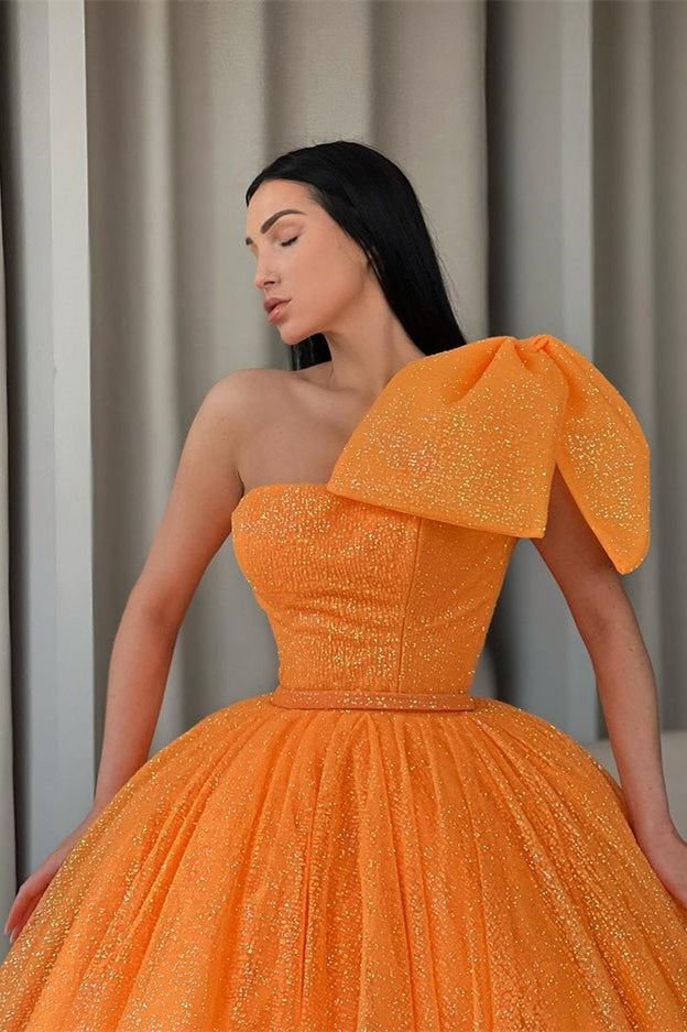 Sequin Orange One-Shoulder Ball Gown Evening Dress