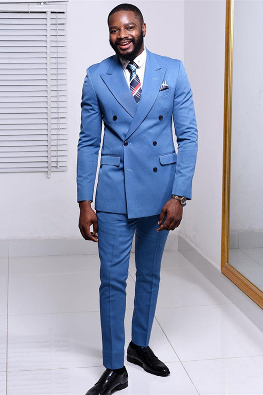 Koscy Fashionable Blue Double-Breasted Western Wedding Suit with Peaked Lapel
