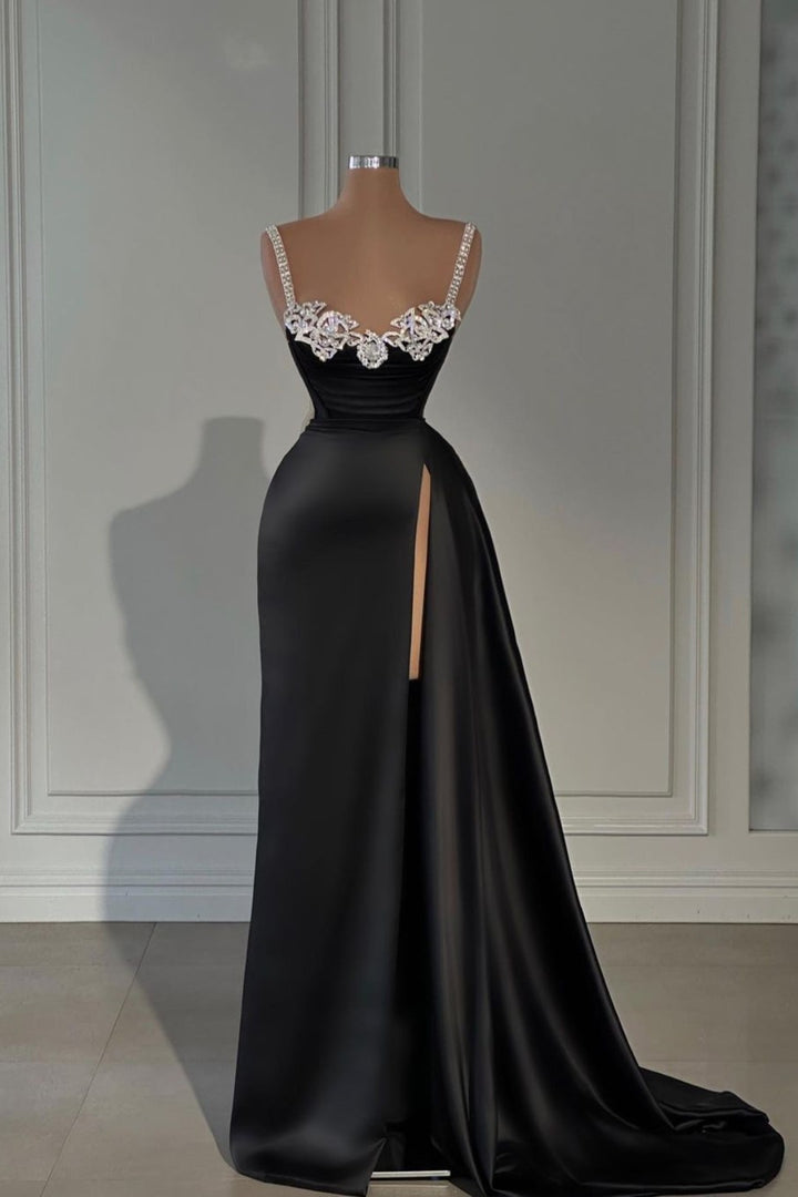 Evening Dress Black Satin Spaghetti Strap Split Beadings