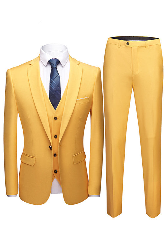 Koscy Three-Piece Yellow Summer Wedding Suit with Notch Collar
