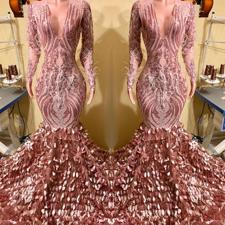 Pink V Neck Mermaid Prom Dress with Long Sleeves Feather Sequins and Appliques
