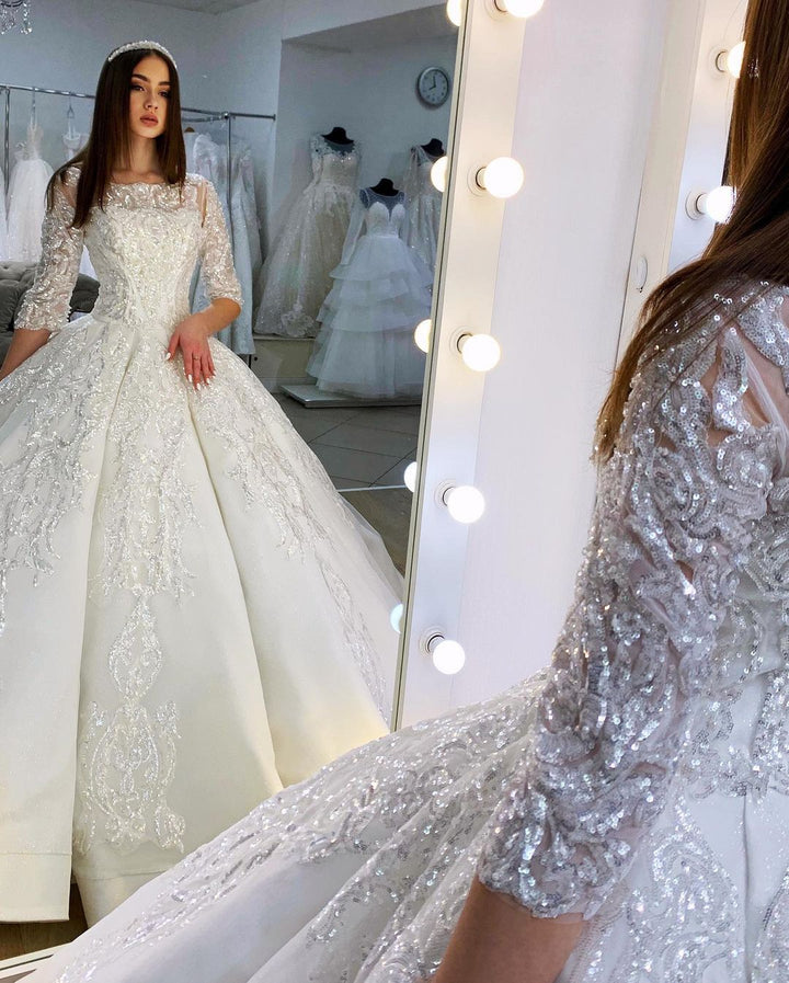 Bmbride Princess Wedding Dress: Elegant Bateau Neckline Long Sleeves Lace Appliques Floor-length Satin