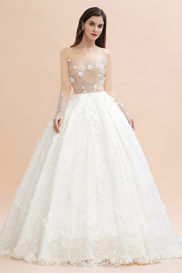 Bmbride Floral Jewel Beads Long Sleeve Ball Gown Wedding Dresses