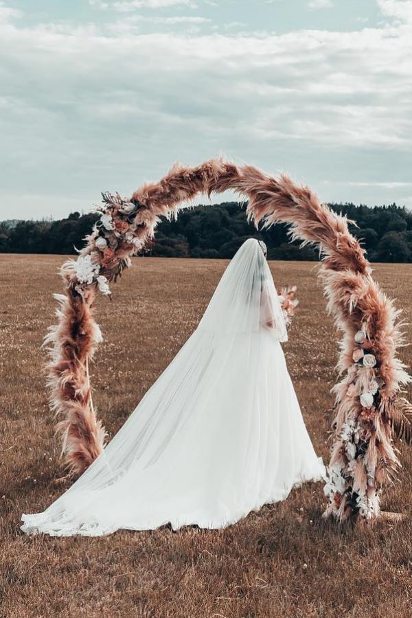 Bmbride Modest Boho Long A-line Illusion Neck Tulle Wedding Dress with Sleeves