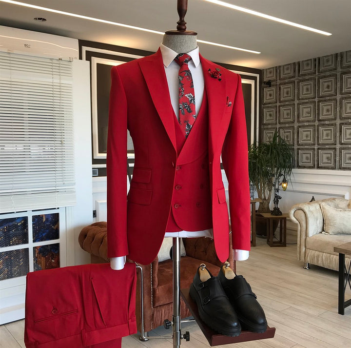 Koscy New Red Three-Piece Suit with Peaked Lapel for Men's Wedding