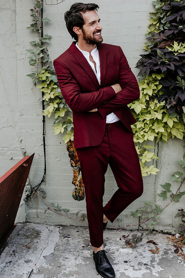 Koscy Simple Burgundy Reception Suit with Peaked Lapel for Groom